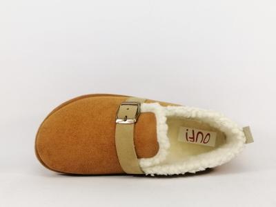 Pantoufles femme originales et confortables camel fourrées OUF! tiche chausson de qualité