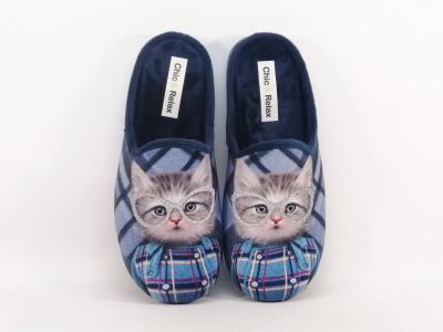 Chaussons femme motif chat originaux chauds et confortables velours bleu CHIC & RELAX ratus