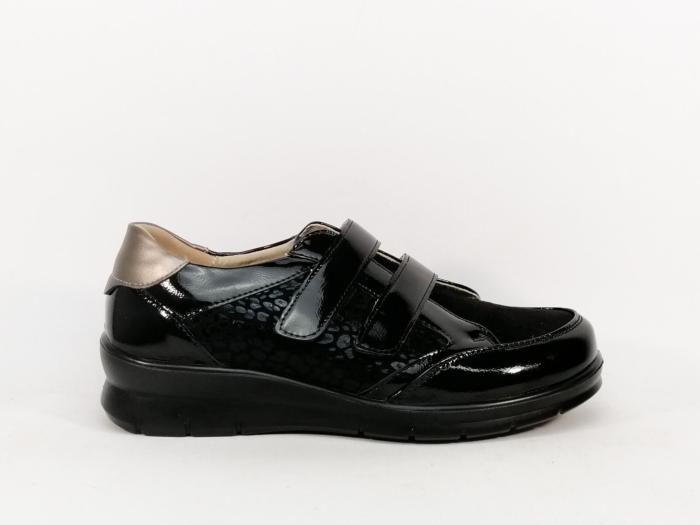 Basket femme confortable à velcro noir vernis SWEET'R doxino pieds larges