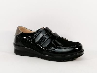 Basket femme confortable à velcro noir vernis SWEET'R doxino pieds larges