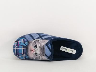 Chaussons femme motif chat originaux chauds et confortables velours bleu CHIC & RELAX ratus
