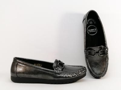 Mocassin femme confortable, semelle cuir  pas cher SWEET'R demoniak gun vernis gris