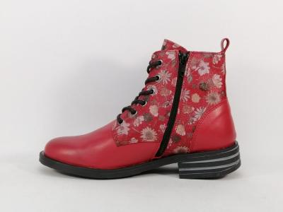 Bottine femme tout cuir souple rouge fleuris confortable ORLAND 25117 Fabrication Portugal