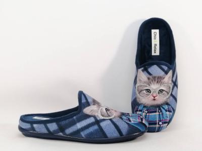 Chaussons femme motif chat originaux chauds et confortables velours bleu CHIC & RELAX ratus