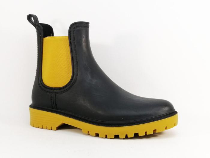 Bottine de pluie femme originale chic et confortable MORAN'S xadoue pvc noir jaune à pas cher